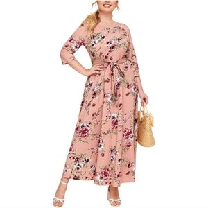 SHEIN Plus Size Raglan Sleeve Floral Print Belted Maxi Dress Women's 2X